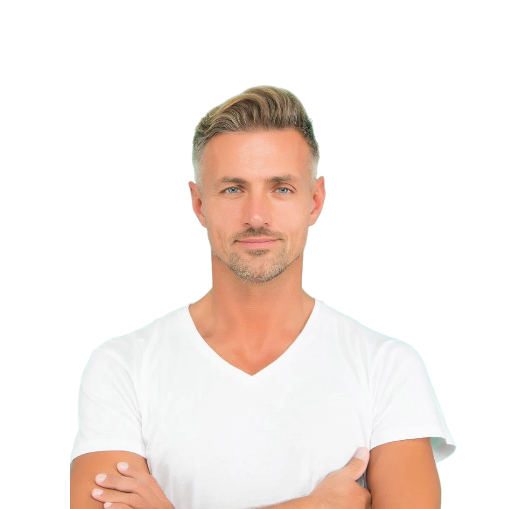 Hair Transplant Support Treatment showing man parting hair to reveal thinning area